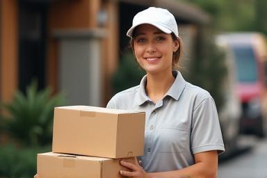 スタッフが笑顔で荷物を運ぶ様子